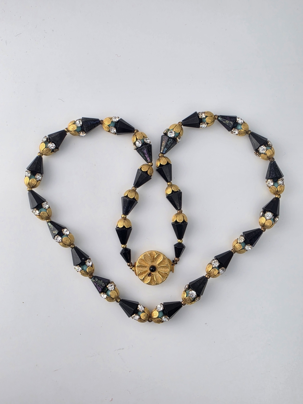 Vintage Black Lucite White Rhinestone Gold Leaf 20" Necklace
